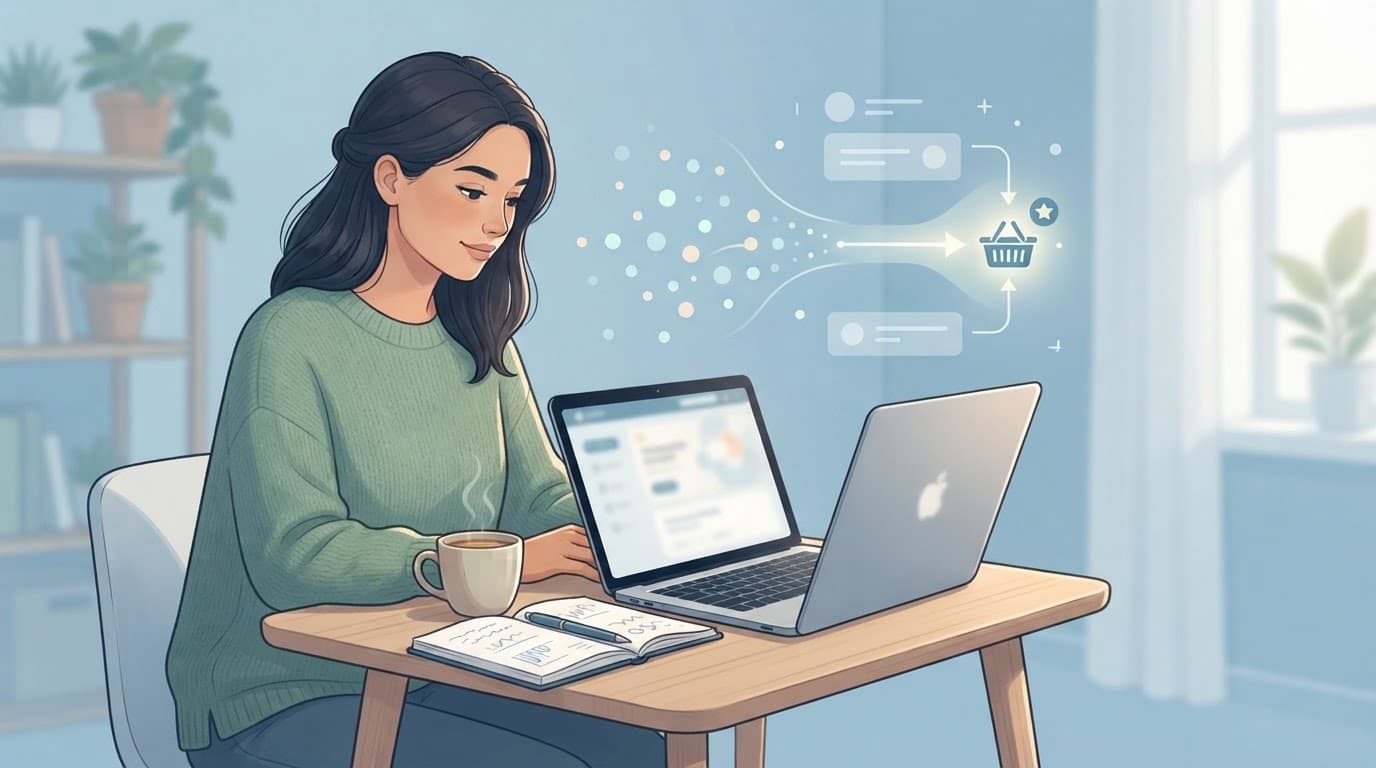 A beginner marketer reviews a laptop workflow beside a notebook and coffee.