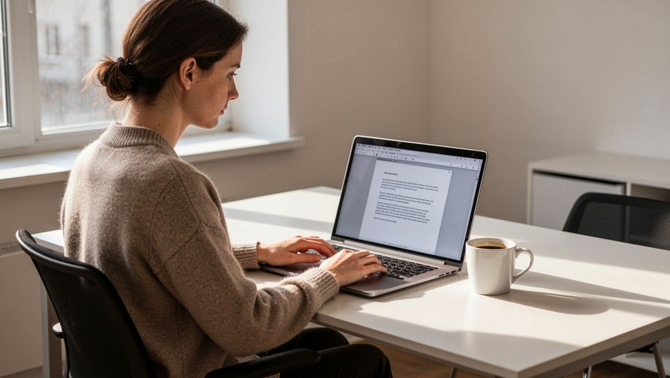A focused blogger at a desk with laptop open to affiliate terms document, coffee mug nearby, natural daylight from window, simple modern office setup.