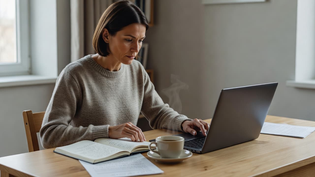 Best Bulgarian Learning Apps for Serious Learners in 2026 2 A dedicated individual sits at a minimalist wooden desk, reviewing handwritten notes and digital materials. A steaming coffee mug rests beside a laptop in a bright, peaceful study area.