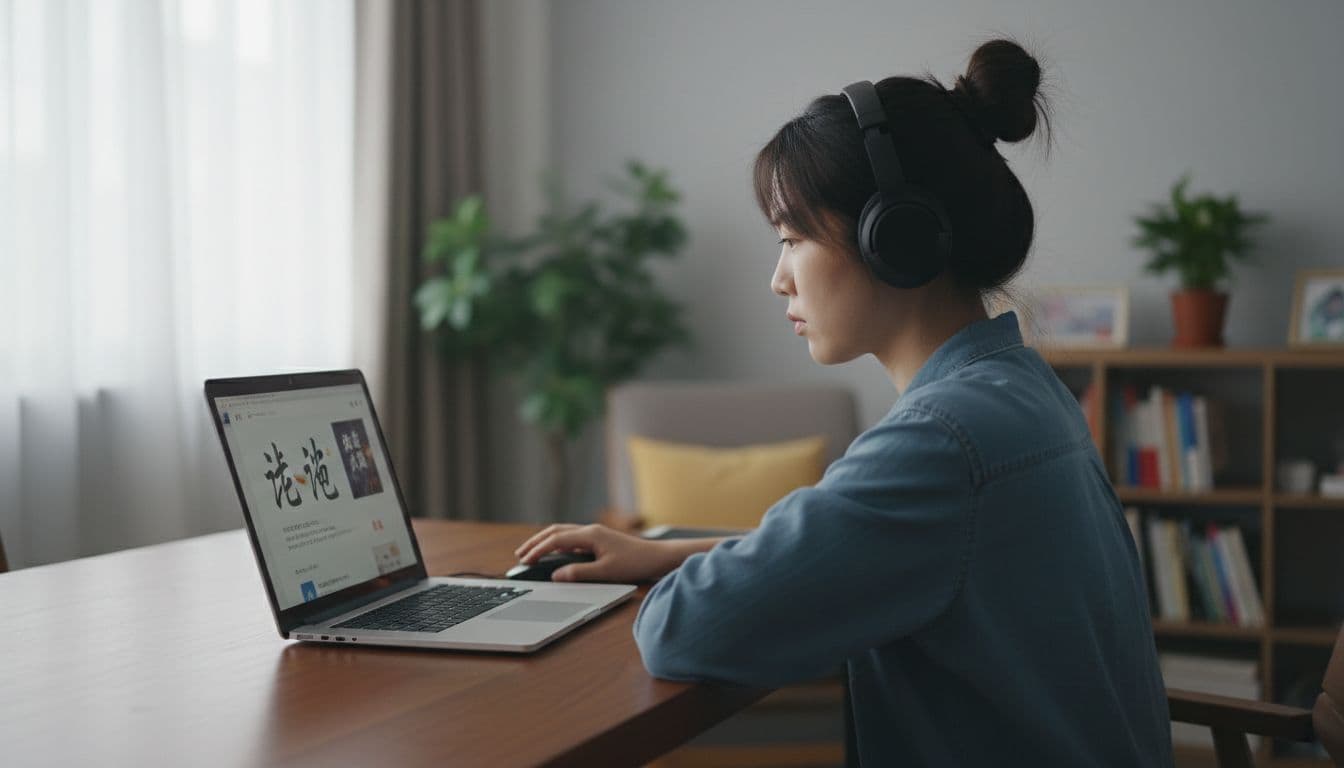 Chinese learner sits at wooden desk with angled laptop open to reading app, wearing headphones, hand on mouse.