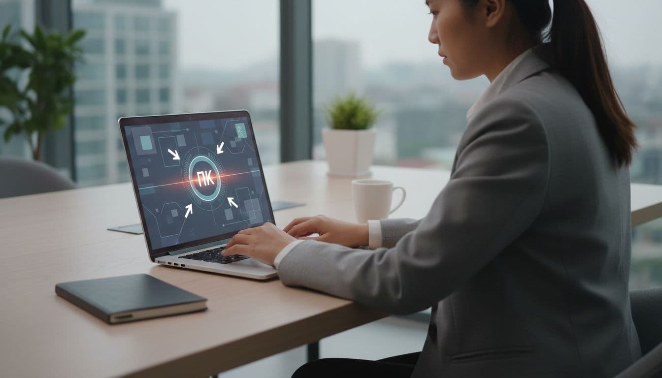 A focused individual sits at a minimalist wooden desk, intently viewing their laptop screen to finalize digital content. Soft office lighting illuminates the clean workspace, highlighting a distraction-free professional environment.
