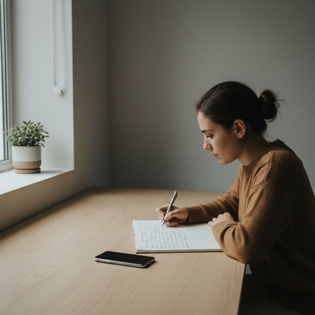 Best Indonesian Learning Apps for Serious Learners in 2026 2 A dedicated individual sits at a minimalist wooden desk, reviewing handwritten notes in an open journal. A smartphone rests nearby as natural sunlight streams through a window, illuminating the serene workspace.