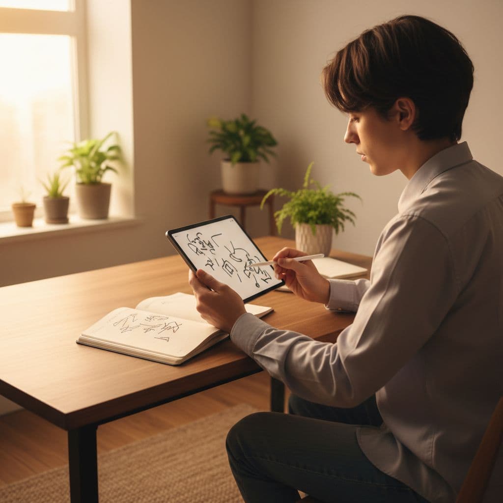 Bunpro Review 2026: Is It Worth It for Serious Japanese Learners? 2 A student sits at a minimalist wooden desk, intently studying Japanese with a digital tablet and an open notebook. Warm ambient lighting creates a peaceful atmosphere in the home office setting.