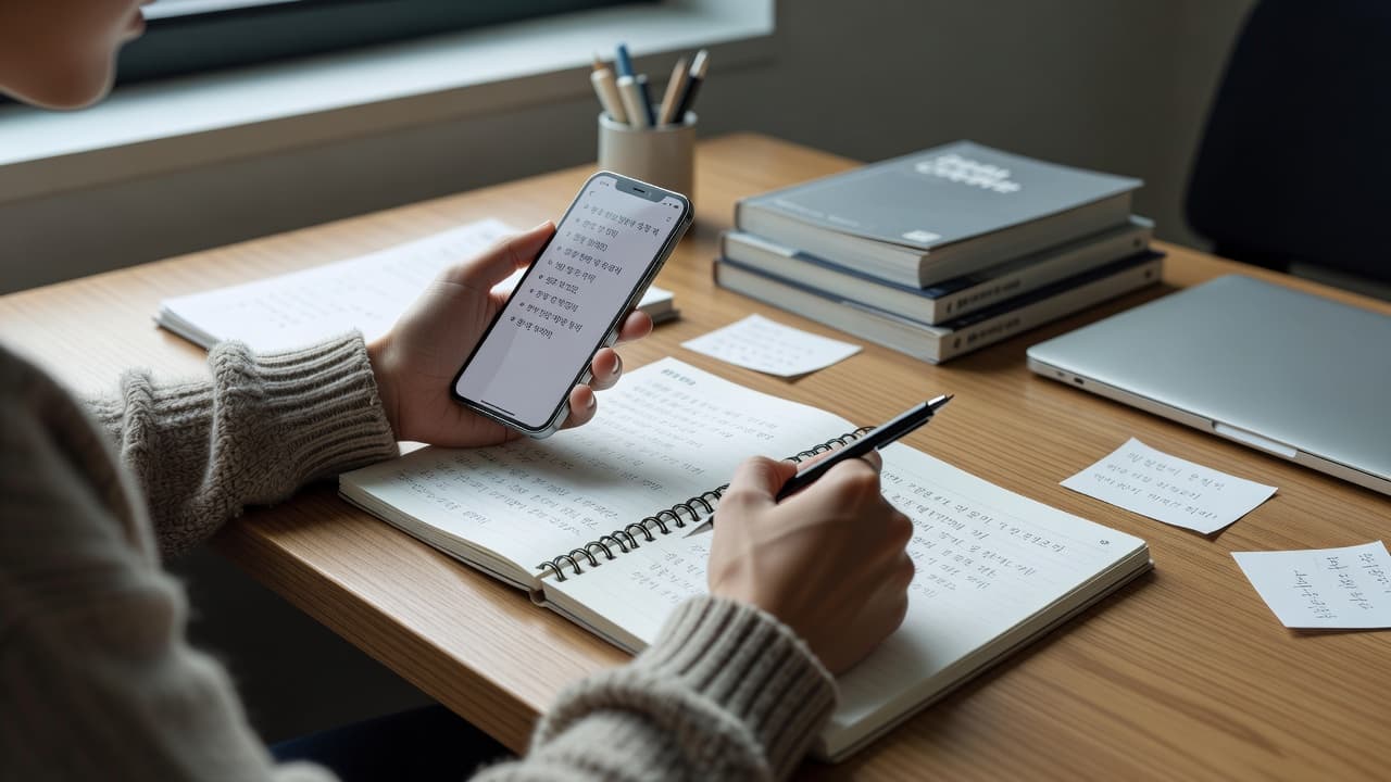 A close-up view shows a person sitting at a tidy wooden desk while comparing notes on a smartphone screen to a paper notebook. Soft daylight highlights the peaceful, productive environment.