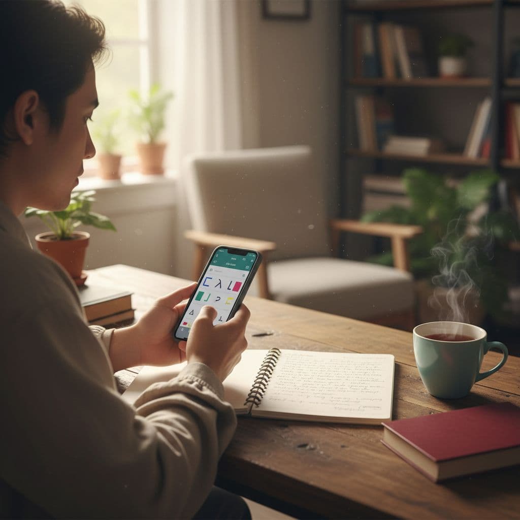 Best Tagalog Learning Apps for Serious Learners in 2026 2 A student sits at a wooden desk, analyzing handwritten notes in a notebook while checking a smartphone. A steaming cup of tea rests nearby within a cozy, softly illuminated room.