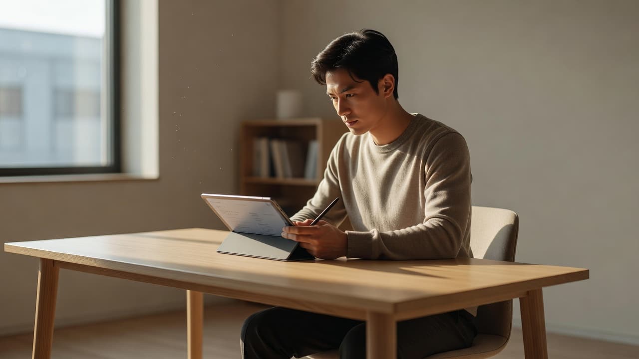 A focused learner sits at a clean, minimalist desk, interacting with a tablet during an afternoon study session. The scene is illuminated by soft, natural light coming from a nearby window.
