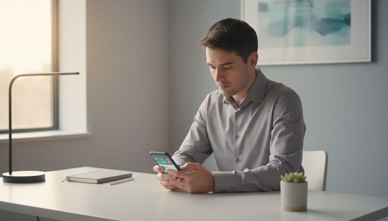 Best Danish Learning Apps for Serious Learners in 2026 2 A focused individual sits at a minimalist wooden desk, intently viewing a smartphone screen. Soft natural light streams through a nearby window, illuminating the clean, professional, and clutter-free workspace environment.