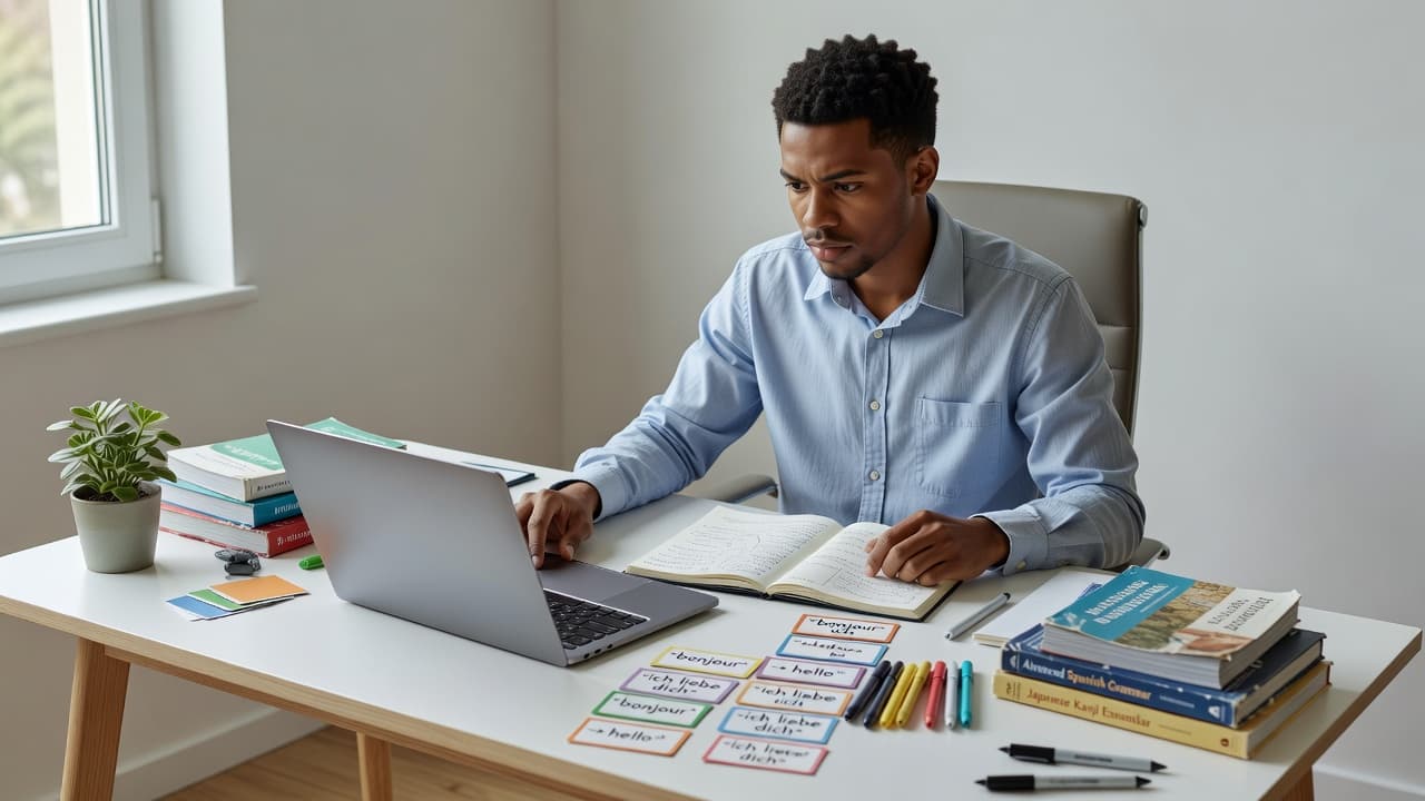 Best Rosetta Stone Alternatives for Serious Learners in 2026 2 A student sits at a clean desk illuminated by soft natural light. An open language textbook lies beside a notebook and a laptop, creating an environment designed for intensive academic study.
