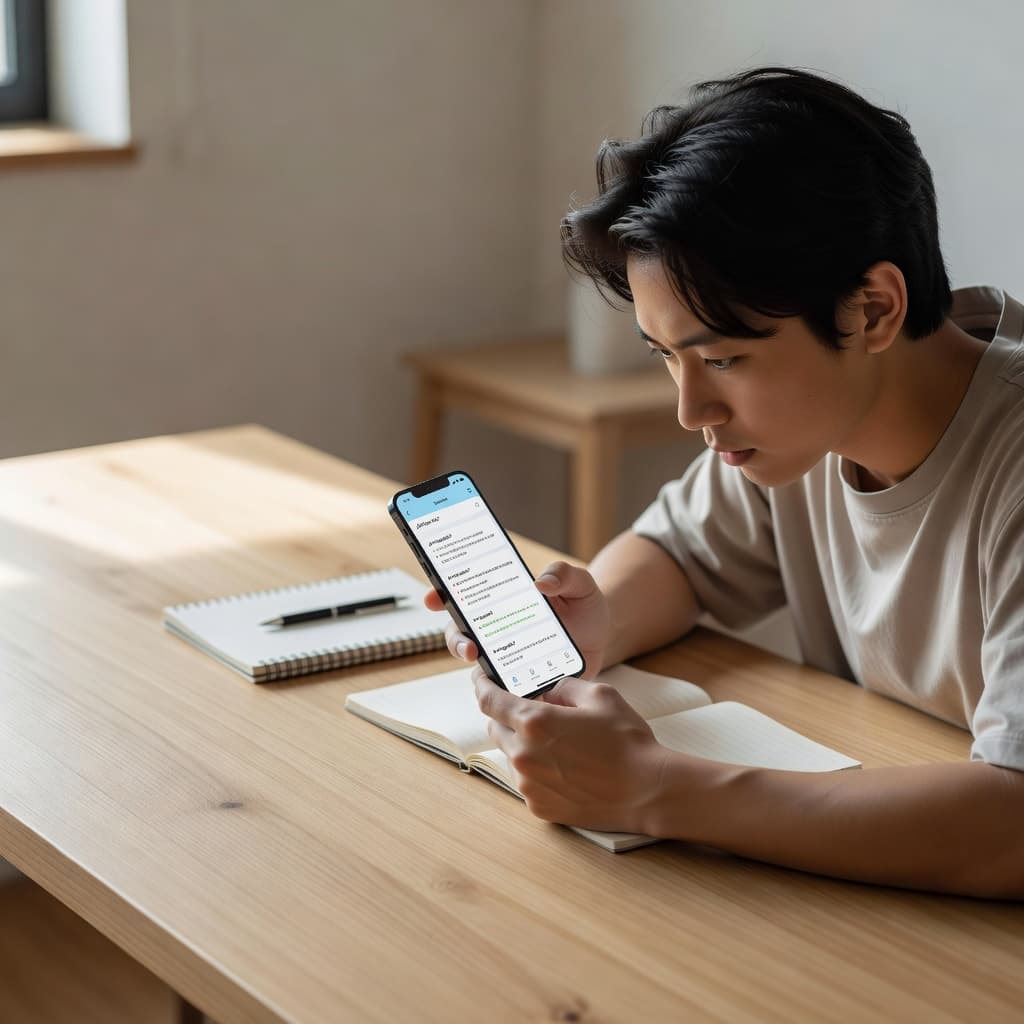 Best Malay Learning Apps for Serious Learners in 2026 2 A person sits at a clean wooden desk, holding a smartphone to review language lessons. An open notebook with handwritten notes and a pen lie neatly beside their hand in soft light.