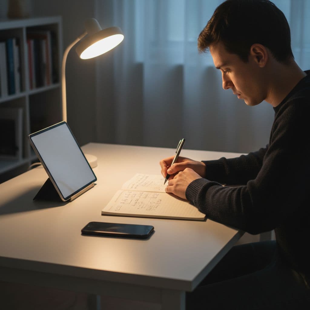 Best Czech Learning Apps for Serious Learners in 2026 2 A student sits at a minimalist wooden desk illuminated by a warm lamp. An open notebook, a modern smartphone, and a sleek tablet are neatly arranged for a productive study session.