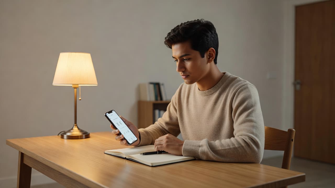 A single student sits at a minimalist wooden desk, using a smartphone to review language lessons in a notebook. Soft, warm ambient light fills the quiet room, creating a studious atmosphere.