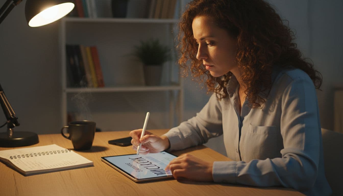 A focused person uses a tablet for a language learning app displaying Cyrillic script with the phonetic guide turned off, in a cozy home desk setting with a notebook and coffee mug nearby.