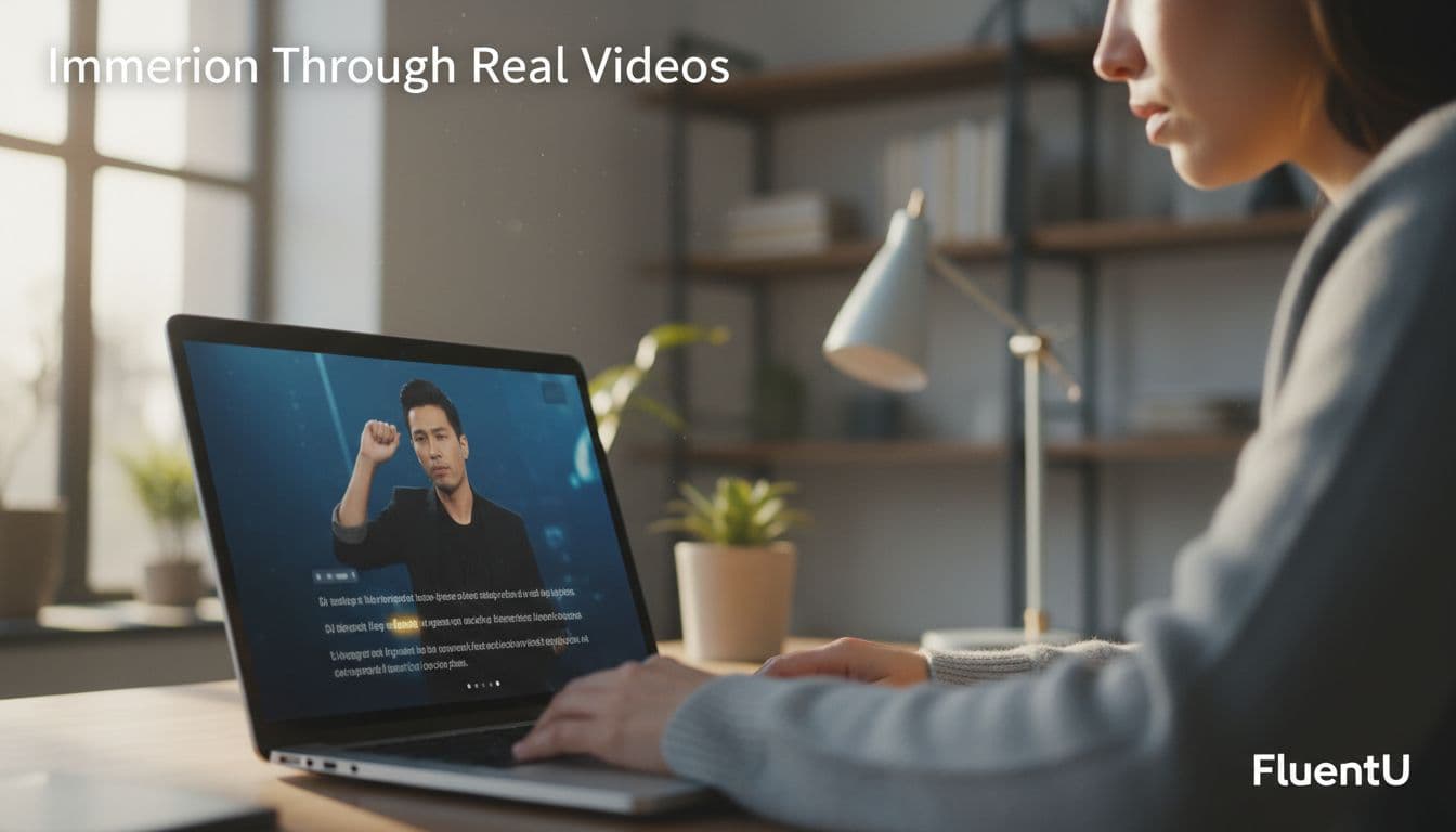 A serious learner sits comfortably in a modern home office, using a laptop to watch a foreign language video featuring interactive subtitles. Close-up on the paused screen shows a music video or news clip frame, with a focused expression under warm natural daylight, realistic style.