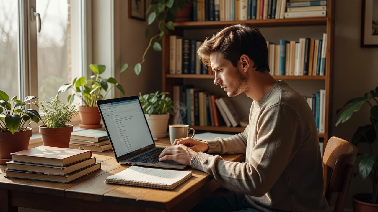 A focused professional sits at a desk using a laptop for deep online research. Soft natural sunlight illuminates the organized home office, highlighting a workspace designed for affiliate content strategy.