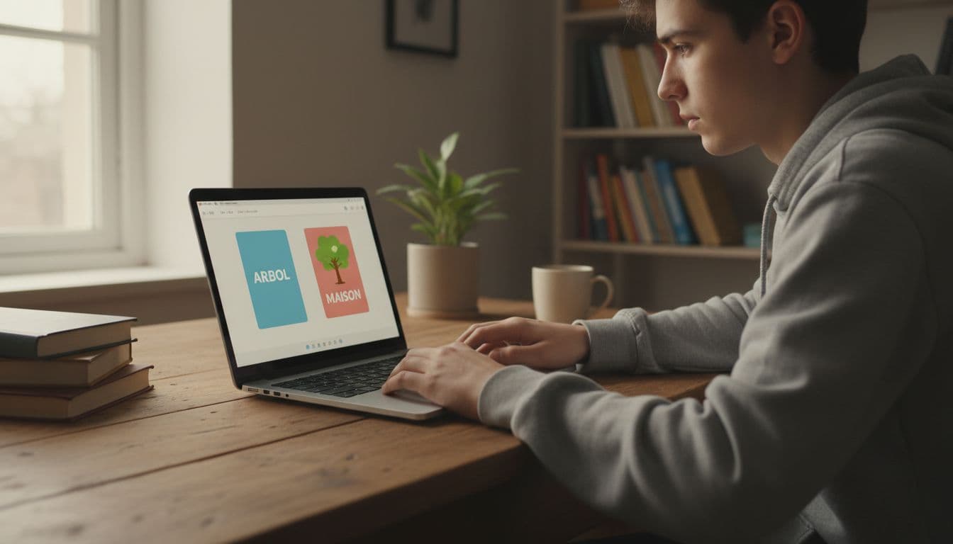 A focused student sits at a wooden desk in a quiet room, reviewing simple Anki flashcards with foreign language words and images on a laptop screen, with soft natural window light illuminating the scene.