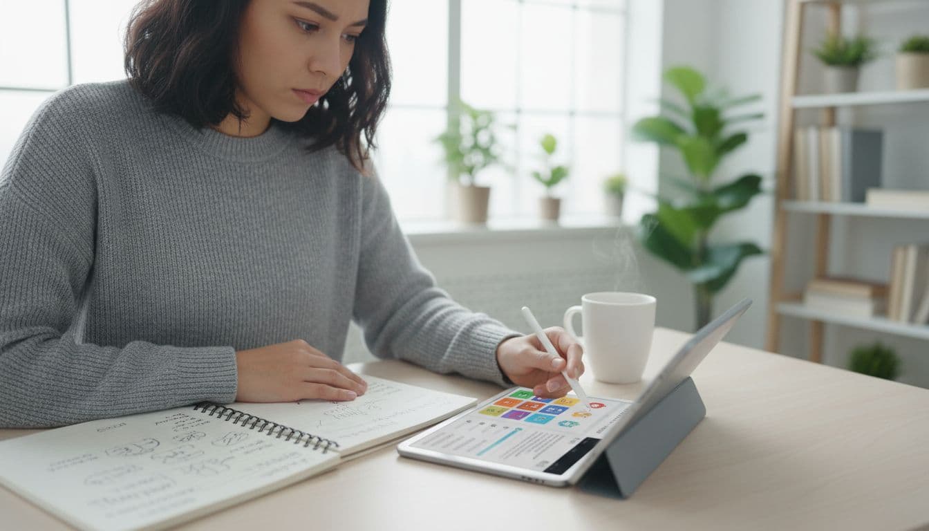A focused individual studies with a tablet and notebook in a bright, professional office.