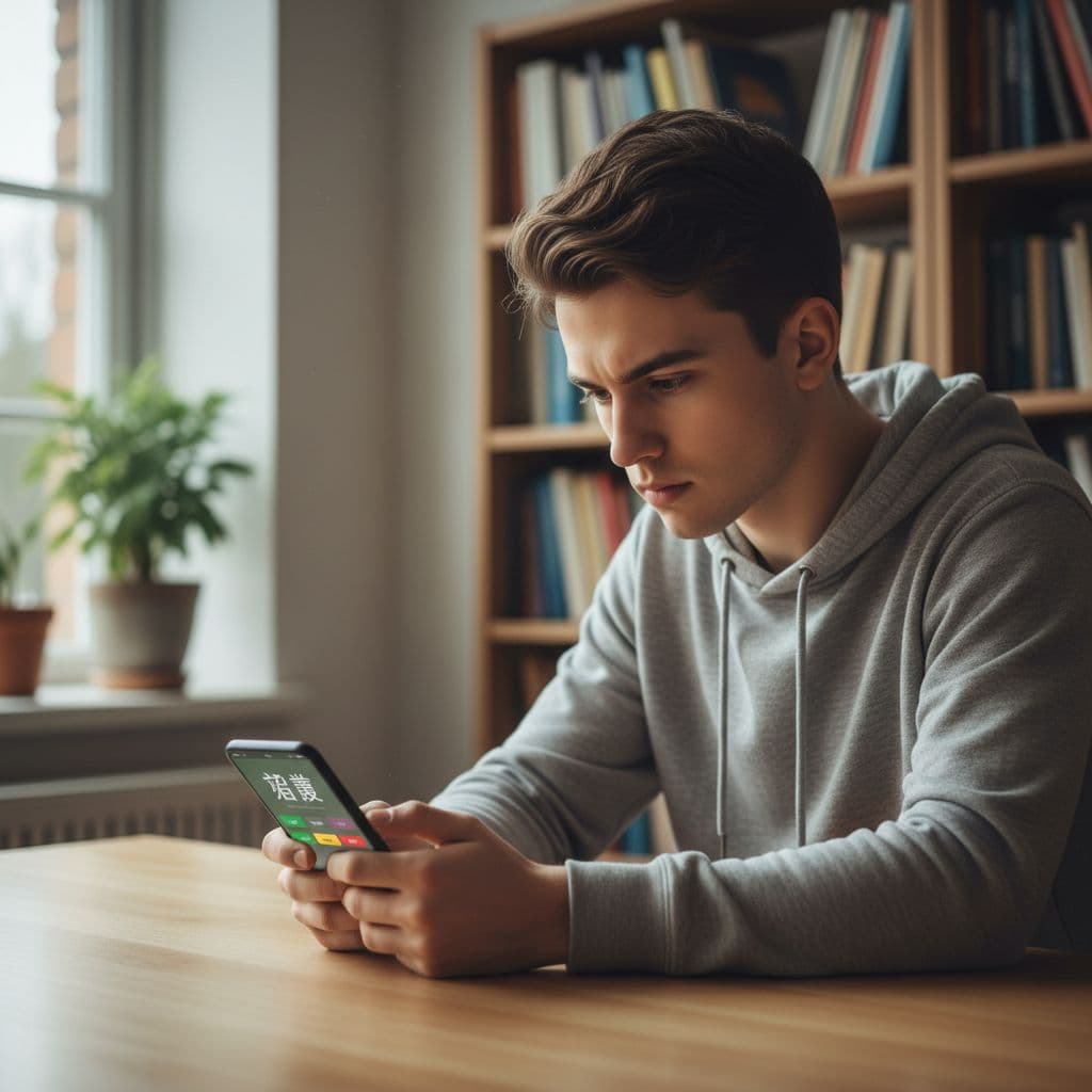Anki vs Quizlet in 2026: Which Fits Serious Language Learners? 2 A dedicated student sits at a tidy wooden desk while concentrated on a smartphone screen. Soft natural light illuminates the room, revealing a backdrop filled with organized library bookshelves behind them.