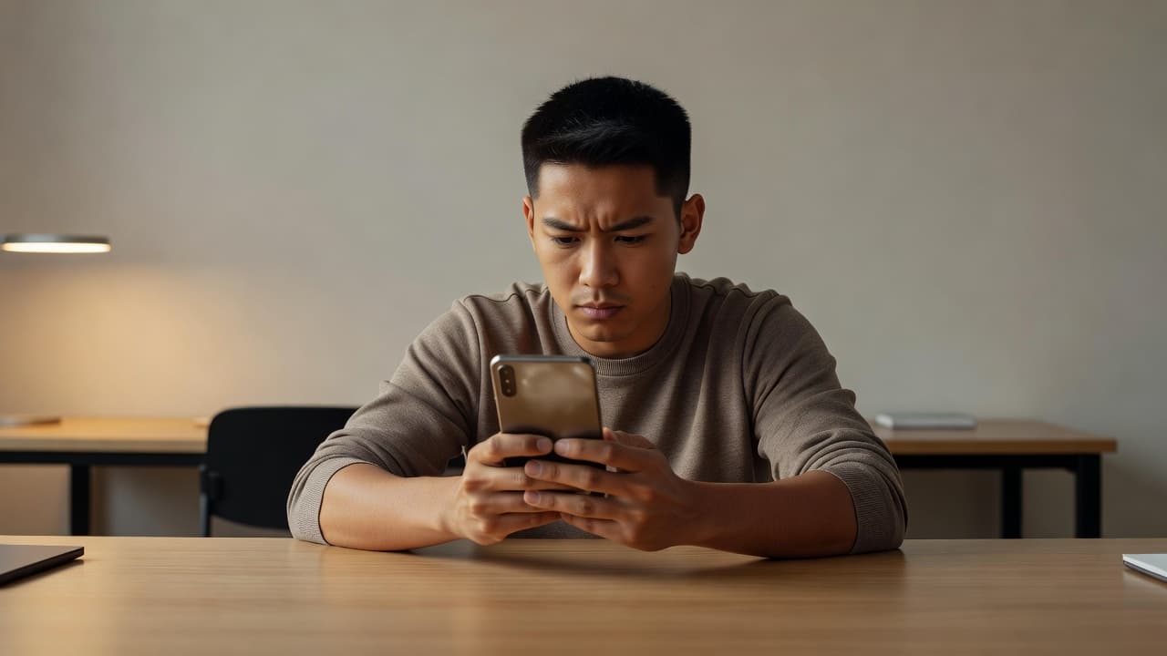 A person holds a smartphone in a minimalist office space, intently reviewing characters under soft, warm lighting. The uncluttered desk surface highlights a calm environment perfect for focused language study sessions.