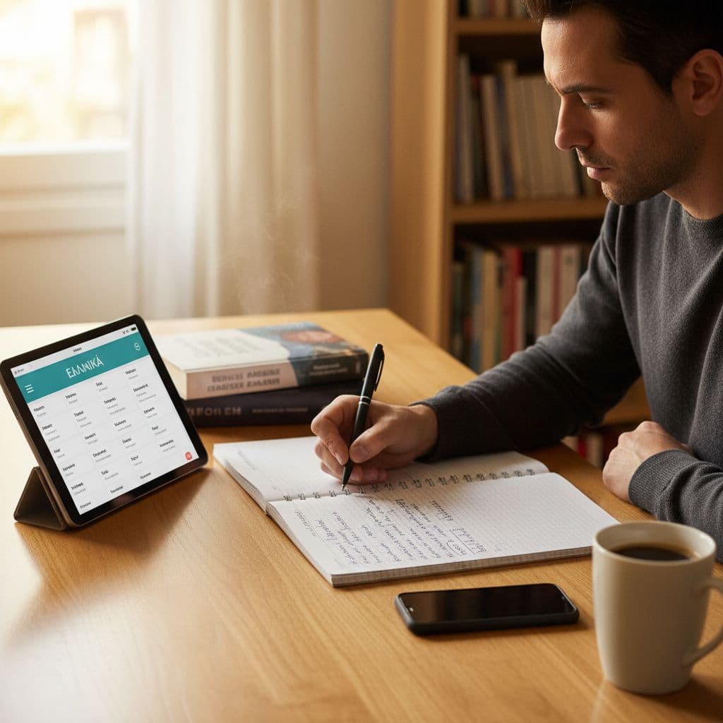 Best Greek Learning Apps for Serious Learners in 2026 2 A focused person sits at a desk using a notebook, tablet, and smartphone to learn Greek.