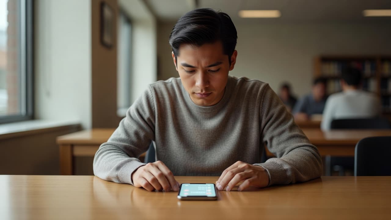 Best TOPIK Prep Apps for Serious Learners in 2026 2 A student sits at a clean wooden library table, intensely focused on a language exam displayed on a smartphone screen. Soft light filters through the quiet, calm study space.