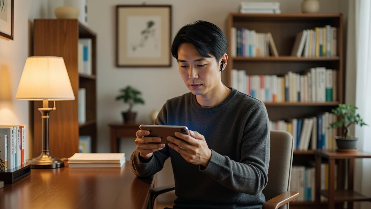 A person sits at a wooden desk with a warm lamp glowing softly nearby. They hold a smartphone with both hands, viewing study materials in a quiet, blurred home office setting.