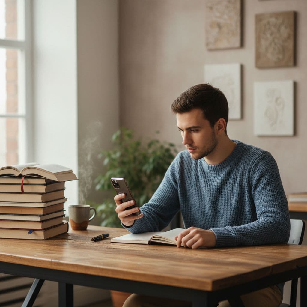 Best Dutch Learning Apps for Serious Learners in 2026 2 Person sits at wooden desk in home office holding smartphone focusedly with neat book stacks.