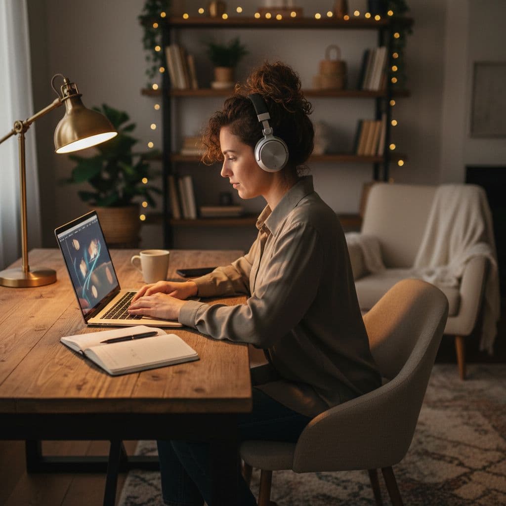 LanguageCrush Review 2026: Is It Worth It for Serious Learners? 2 A focused person sits at a wooden desk working on a laptop in a cozy office.