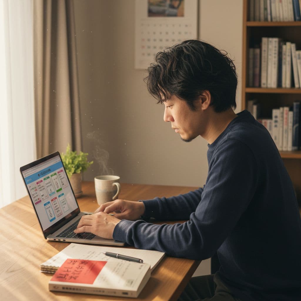 Renshuu Review 2026: Is It Worth It for Serious Japanese Learners? 2 A focused person studies at a desk using a laptop and a notebook in soft light.