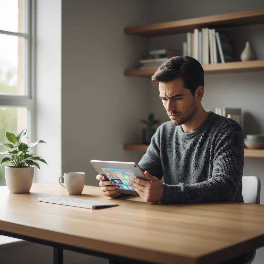 A focused person sits at a clean desk using a tablet in a sunlit home office.