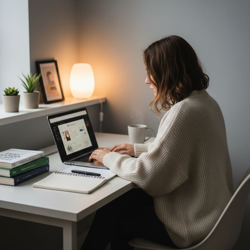 A focused person sits at a tidy desk with a laptop and notebook for study.