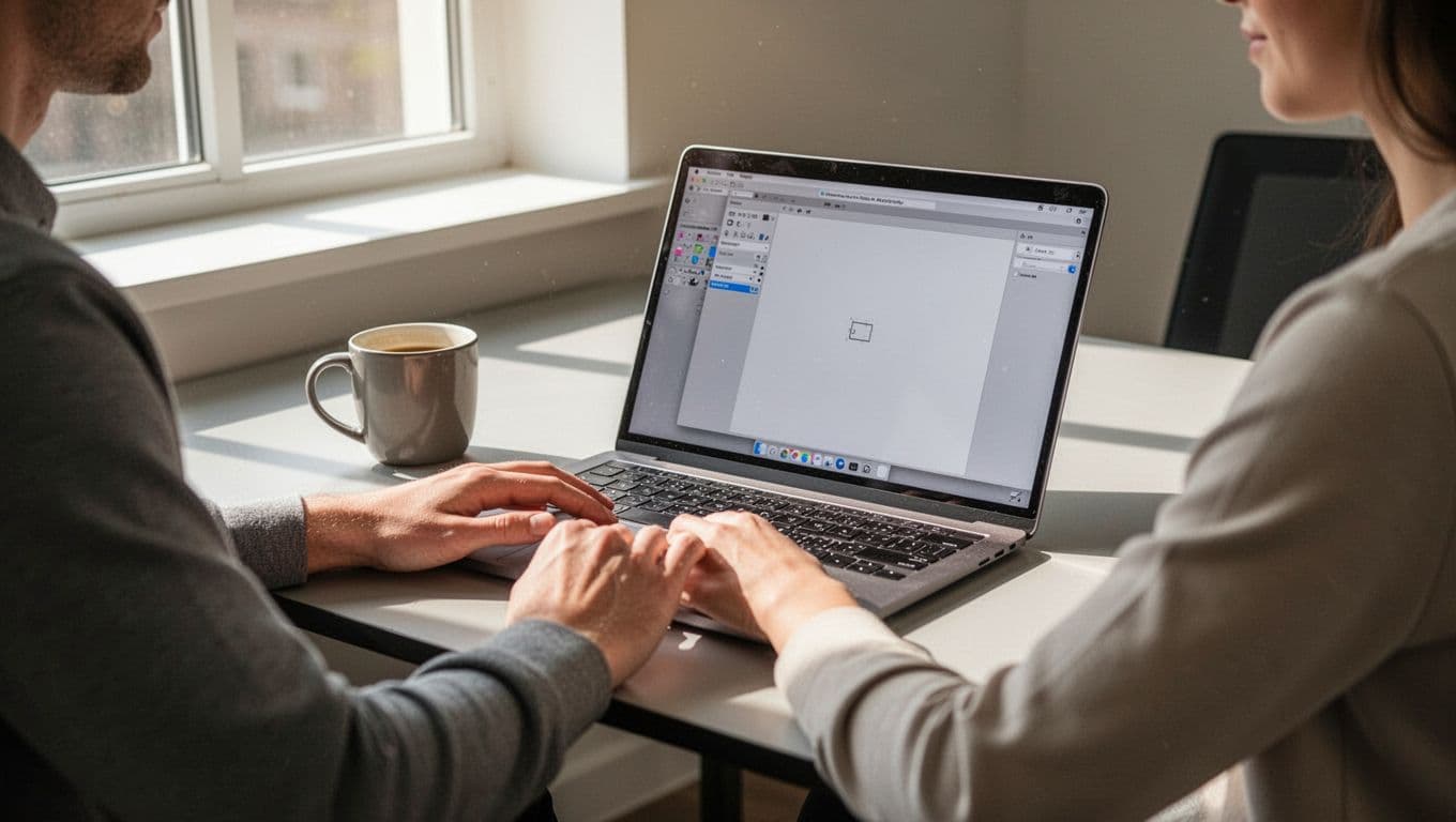 A clean modern workspace with a laptop angled to show a simple coupon page editor interface, coffee mug nearby, natural daylight from a window, soft lighting, and one person's hands resting near the keyboard.
