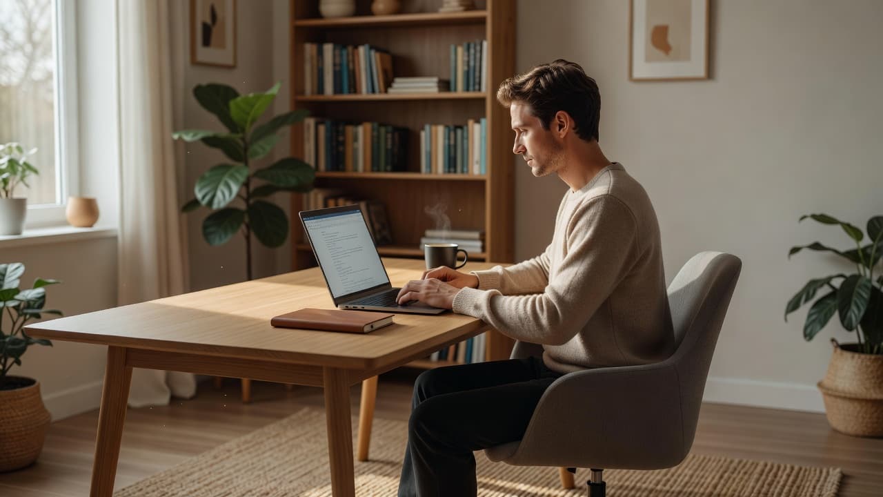 A person sits at a minimalist white desk in a sun-drenched home office, typing intently on a silver laptop. Warm morning light streams through sheer curtains, highlighting the tidy workspace arrangement.