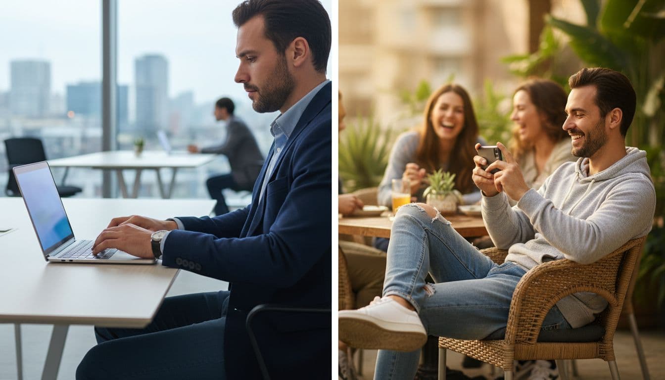 The 10-Minute Formal Vs Casual Speech Check For Language Apps 2 Split-image design contrasting a person in business attire typing a formal email on a laptop in a modern office with the same person relaxed in casual clothes sending a text on a smartphone at an outdoor cafe with friends.