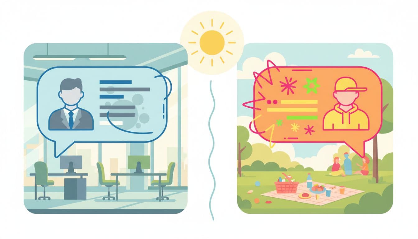 The 10-Minute Formal Vs Casual Speech Check For Language Apps 3 Illustration of two side-by-side conversation bubbles: left depicts formal polite language in an office with suits, right shows casual slang at a park picnic with friends; simple flat design, bright colors, speaker icons, no text, clear divider, vibrant daylight, no people fully shown.