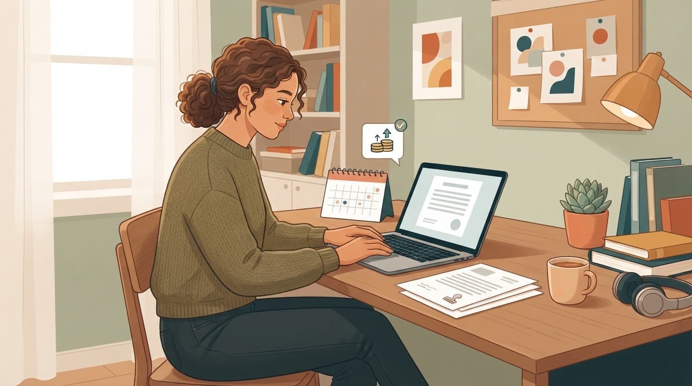 A freelancer works beside a laptop, contract pages, calendar, and abstract payment shapes.