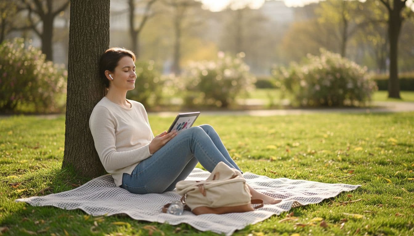 Person with earbuds listens to audio on angled tablet while relaxing in park, backpack nearby.