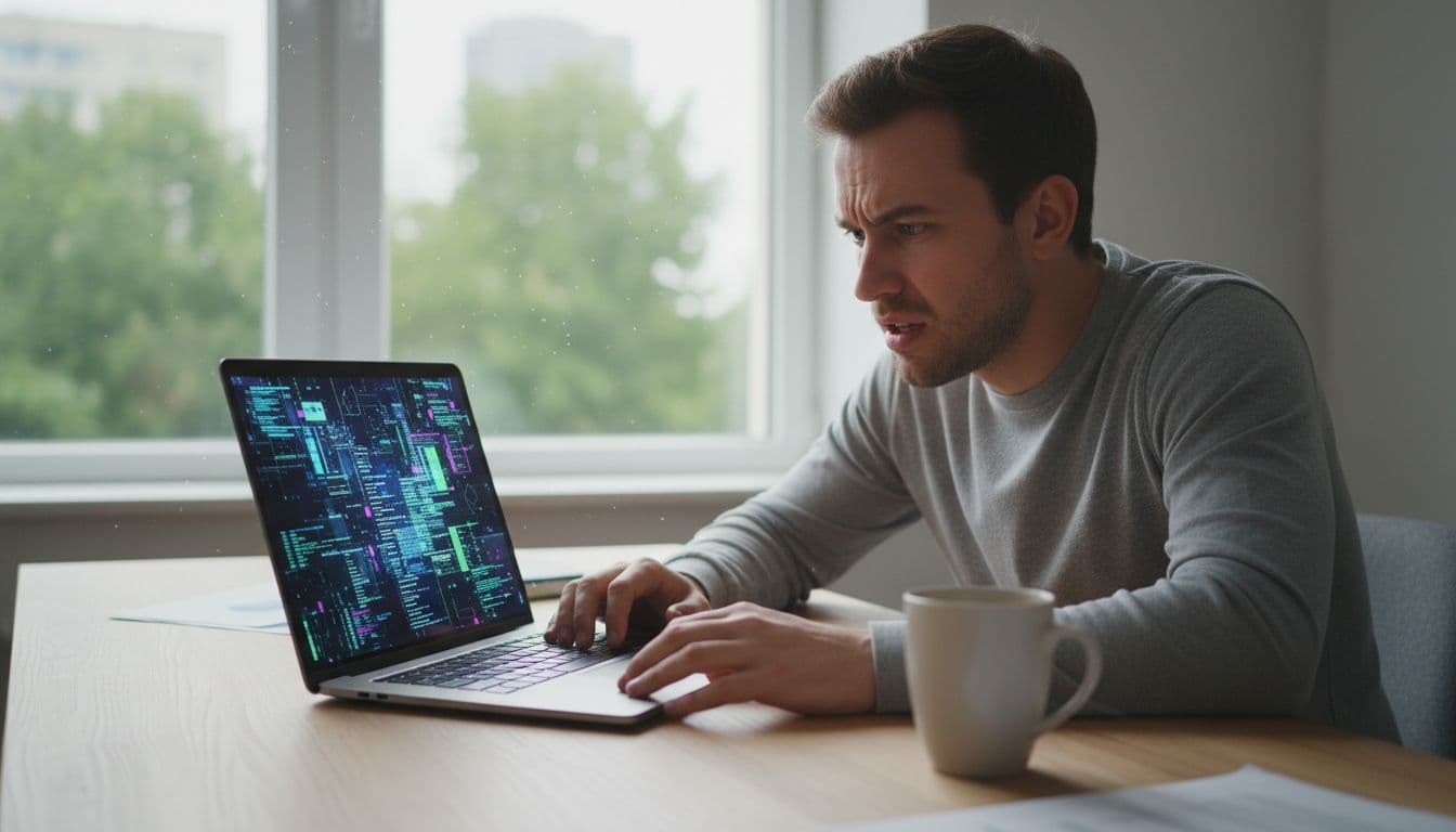 A frustrated person sits at a desk reviewing a confusing billing receipt for a language learning subscription on their laptop, with jumbled charges and cryptic codes on the screen, in an office setting with natural window light.