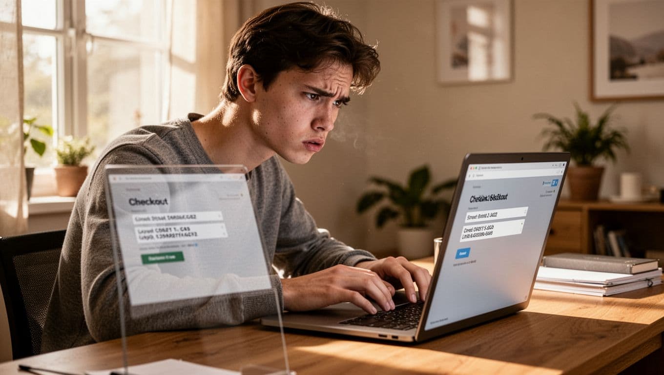 Frustrated young adult at home desk using laptop for online shopping checkout, slowly typing long street address with annoyed expression. Realistic photo in warm indoor lighting, highlighting manual address entry friction.