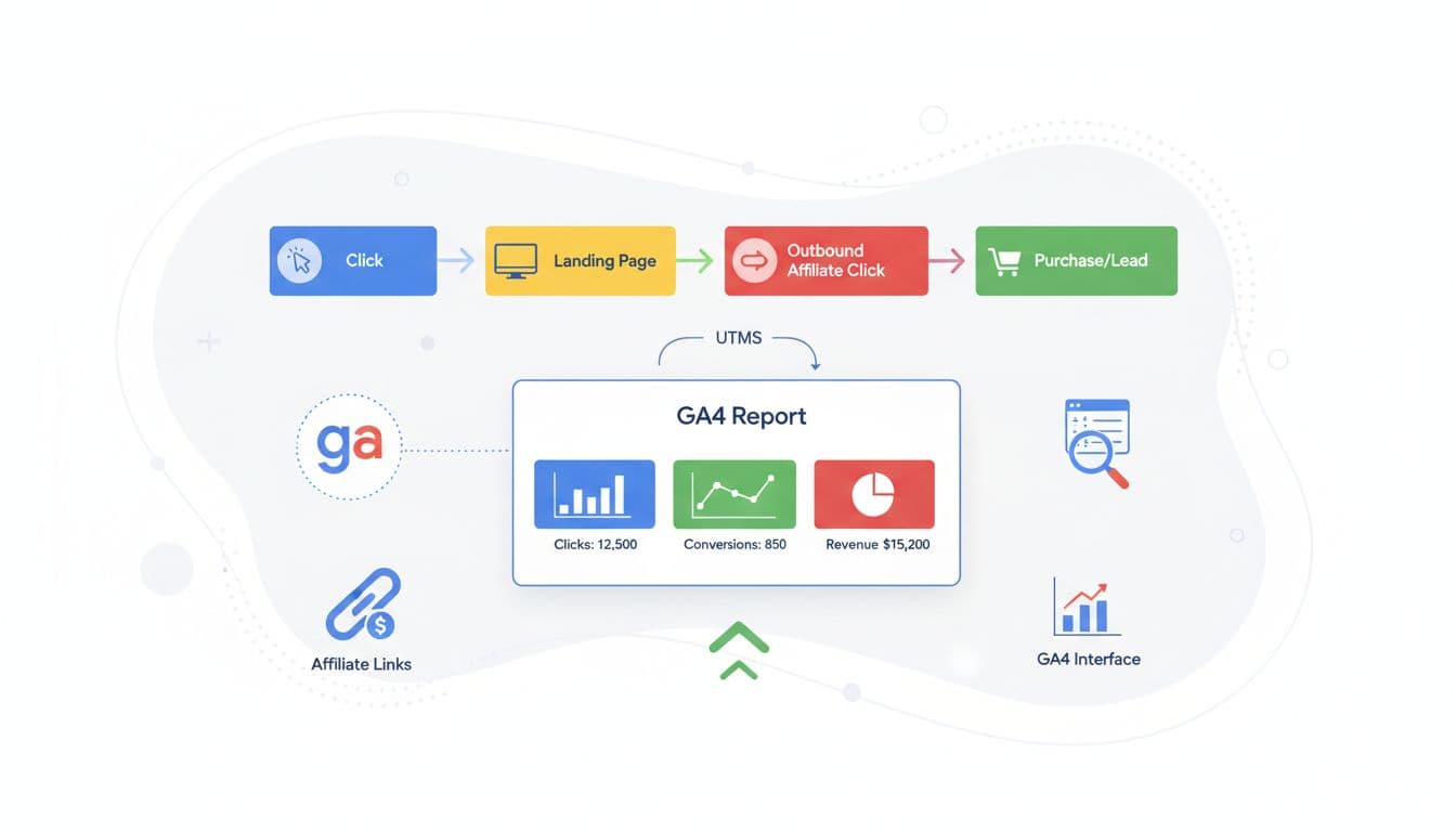Clean modern vector illustration of a simplified Google Analytics 4 dashboard mockup tracking affiliate sales through a funnel from clicks to conversions, with icons, graphs, tables, and subtle data flow lines.