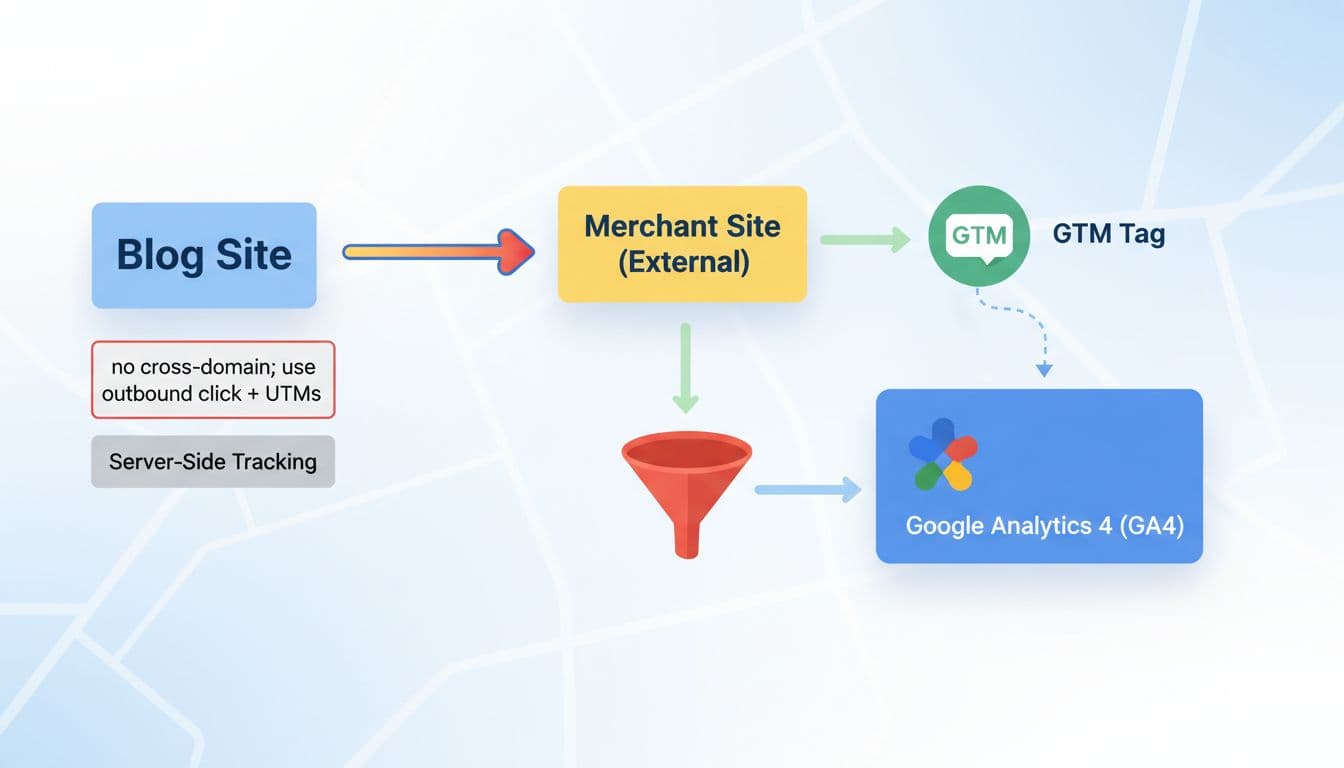 Clean modern vector illustration depicting a site map for tracking affiliate sales in Google Analytics 4 from blog to external merchant site using outbound clicks UTMs and GTM tags.