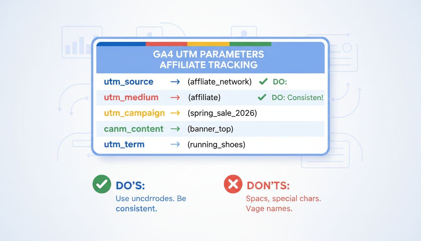 Clean vector illustration of a professional cheat-sheet for UTM parameters in Google Analytics 4, optimized for tracking affiliate sales with examples, do/don't icons, and flow arrows.