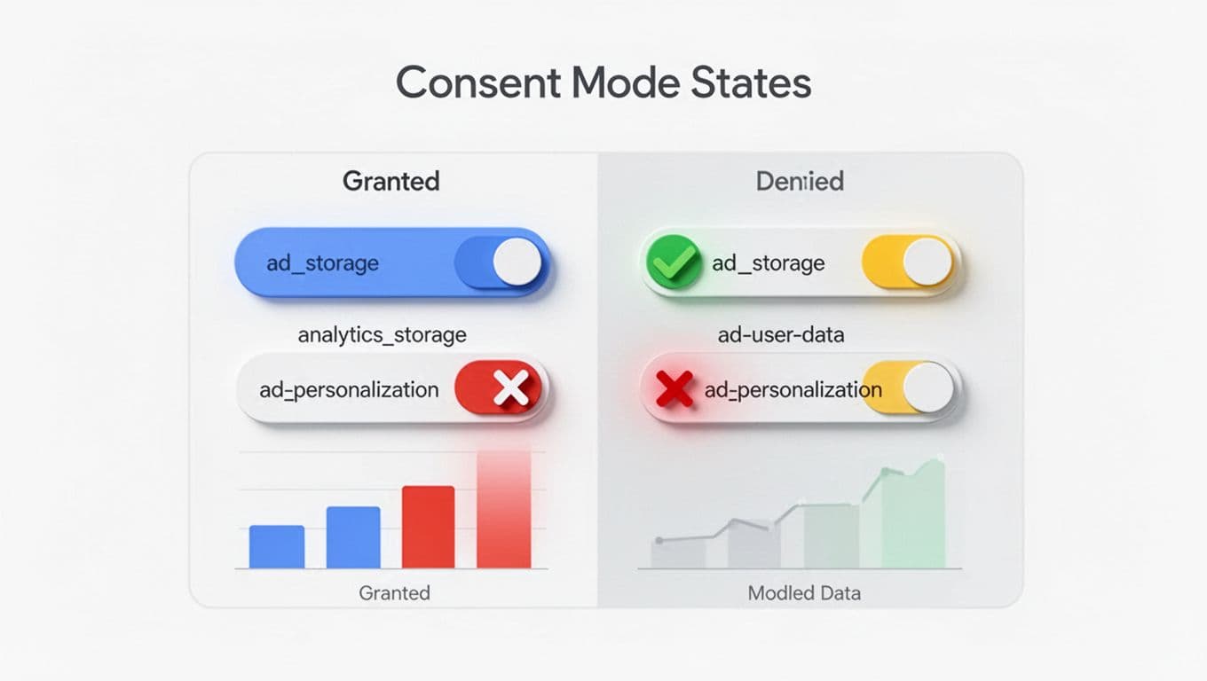 Minimalist illustration depicting Consent Mode states in Google Analytics 4 (GA4) with four toggle switches for ad_storage, analytics_storage, ad_user_data, and ad_personalization, some enabled (green check) and some disabled (red X), alongside a bar chart contrasting granted data with modeled data on the denied side.