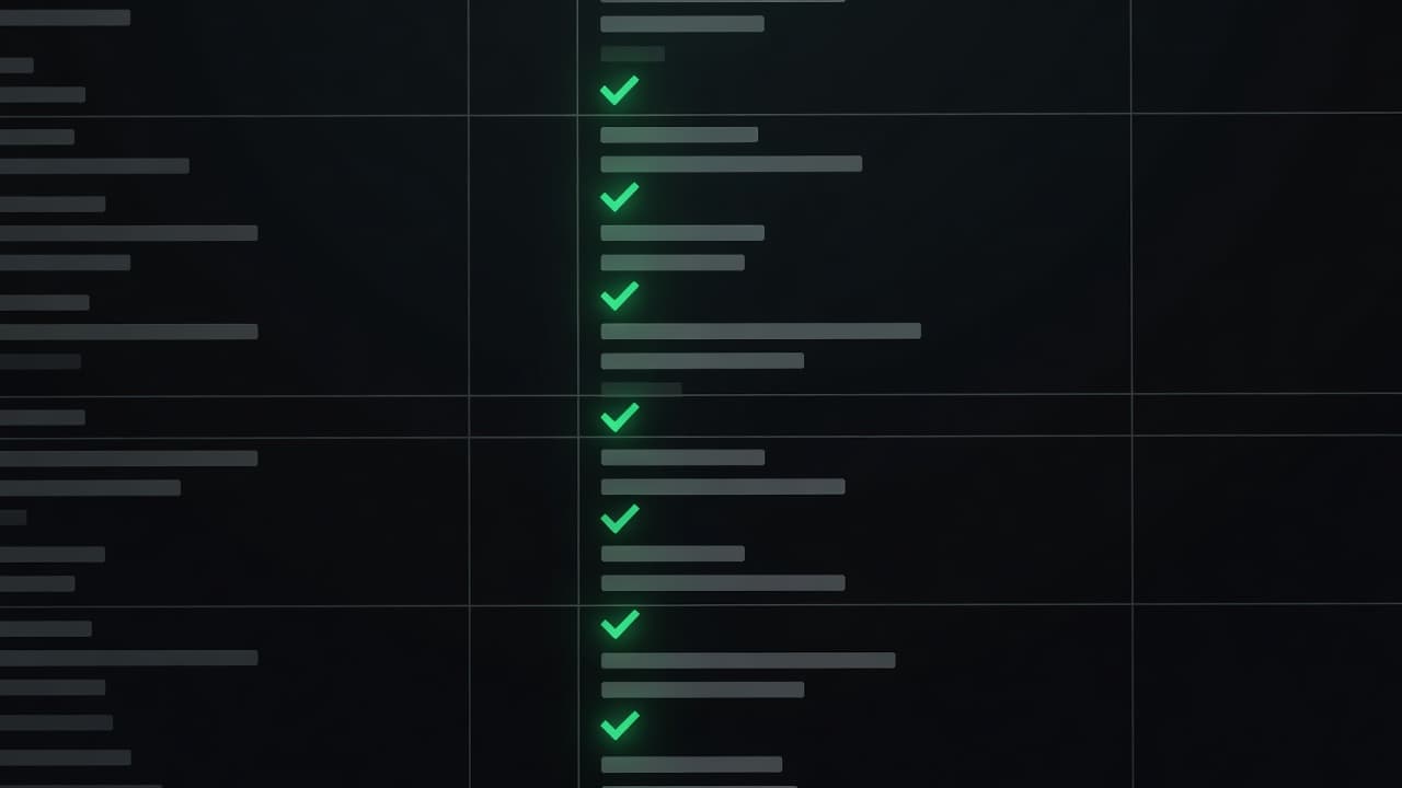 A dark-mode digital dashboard displays a streaming flow of events marked with glowing green checkmarks. Clean UI elements track real-time analytics connectivity in a professional, minimalist data monitoring environment.