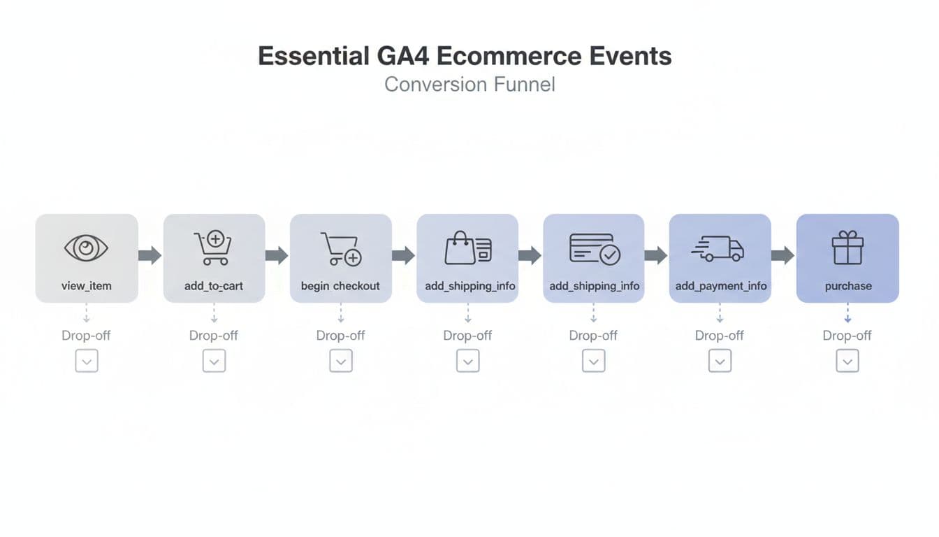 Clean minimalist technical diagram of GA4 ecommerce event funnel flowchart with sequential blocks for view_item, add_to_cart, begin_checkout, add_shipping_info, add_payment_info, purchase, connected by arrows showing drop-off flow on white background.