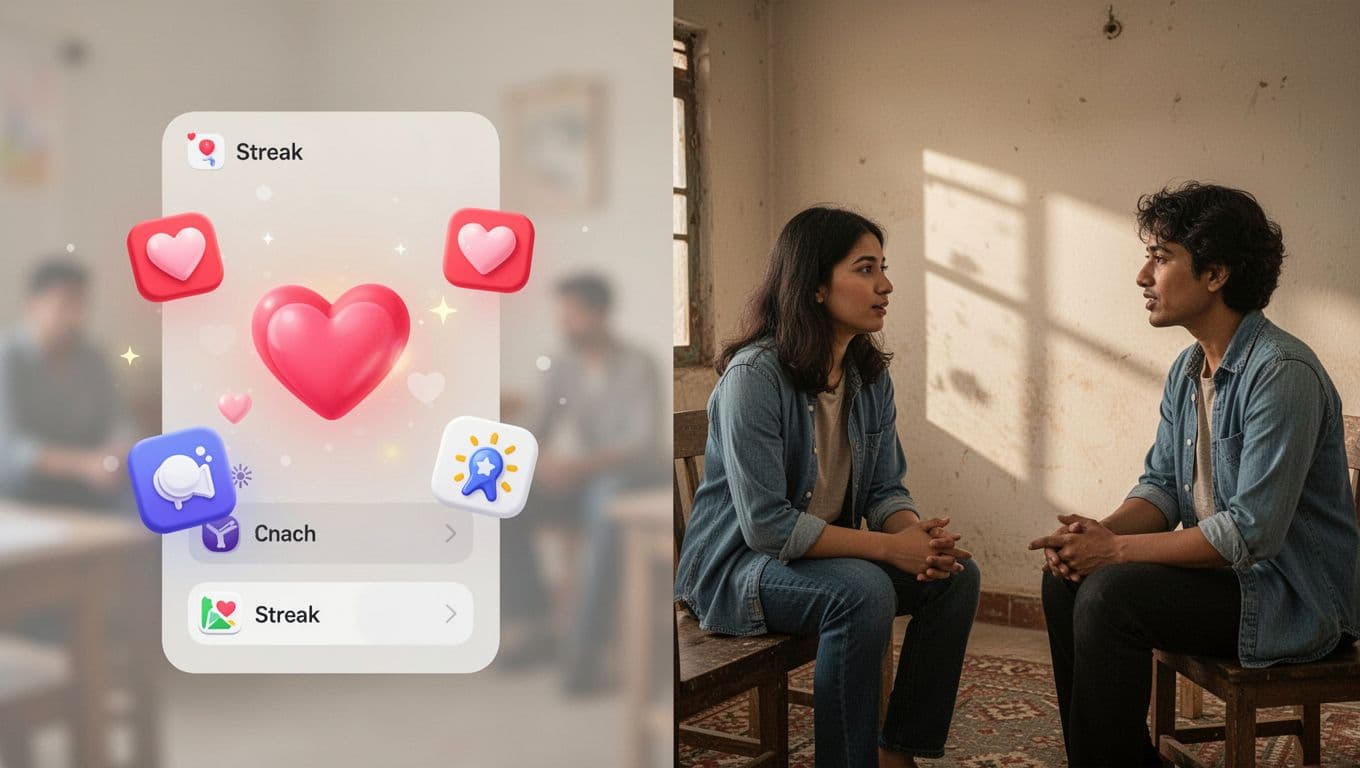 Split-screen illustration showing a blurred gamified language app lesson with hearts and streaks on one side, contrasted with a realistic scene of two people speaking on the other, in neutral tones and illustrative style.