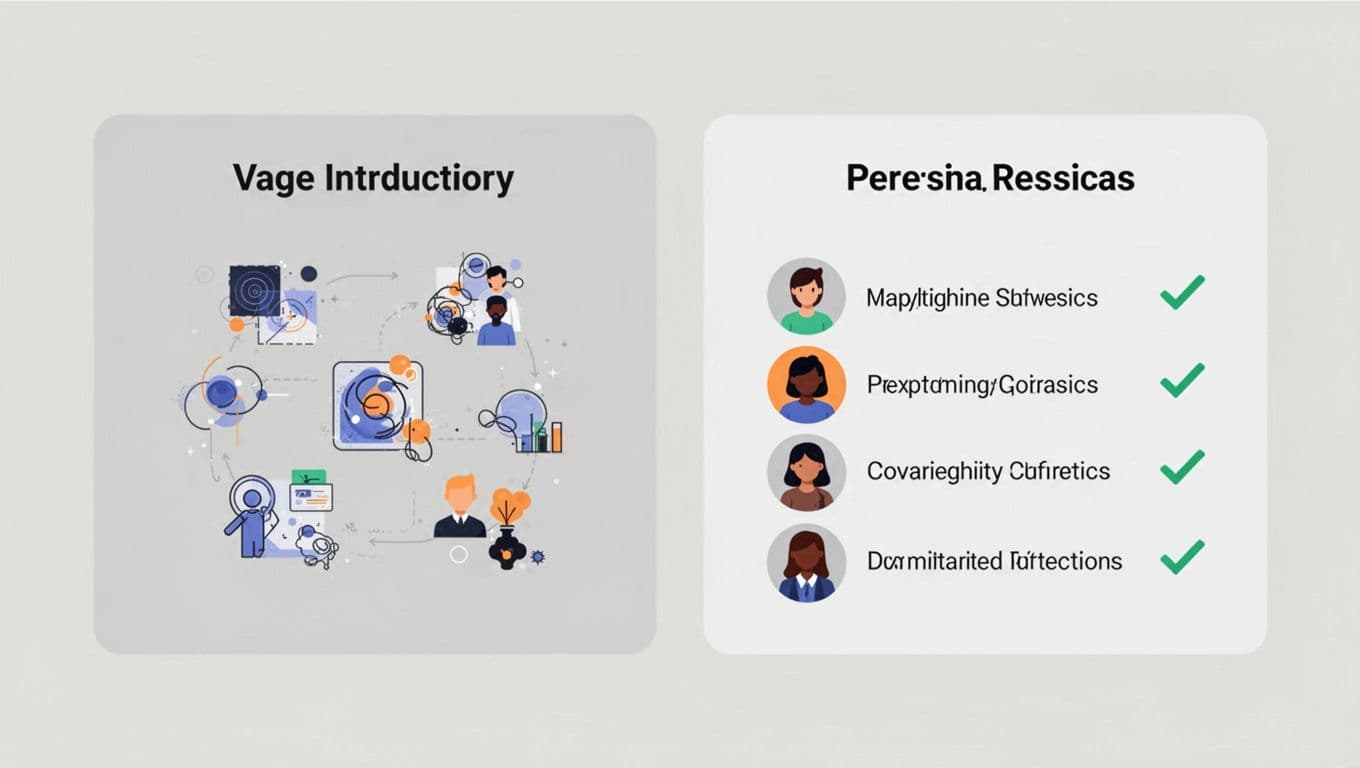 Side-by-side illustrative graphic comparing a generic affiliate introduction on the left, featuring vague text and mismatched icons, to a targeted 'Who Is This For' section on the right with bullet points, matching persona icons, and checkmarks. Flat style split composition in neutral colors with no readable text, people, or watermarks.