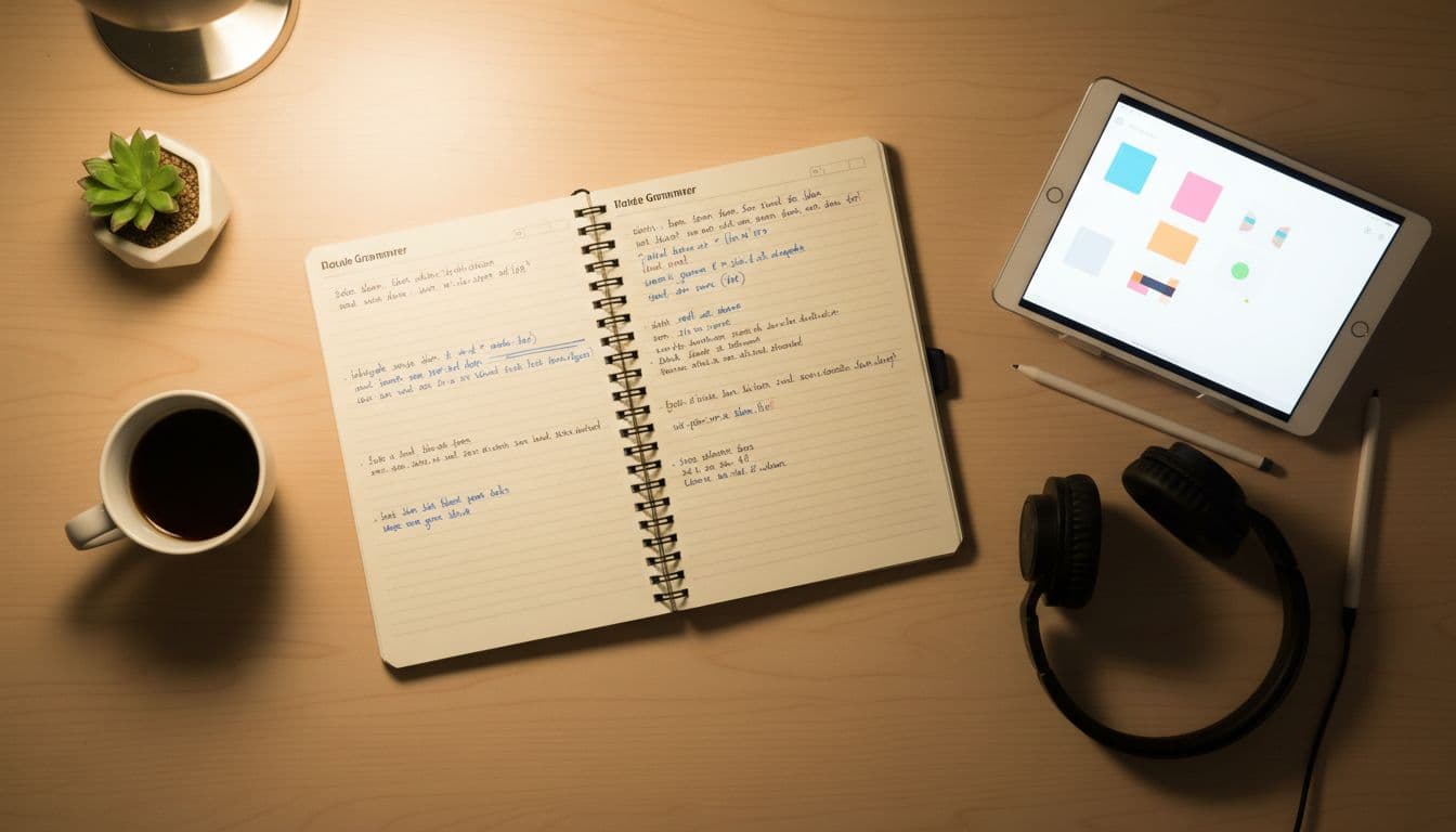 Clean desk with open notebook on German grammar notes, tablet showing flashcards, and coffee cup.