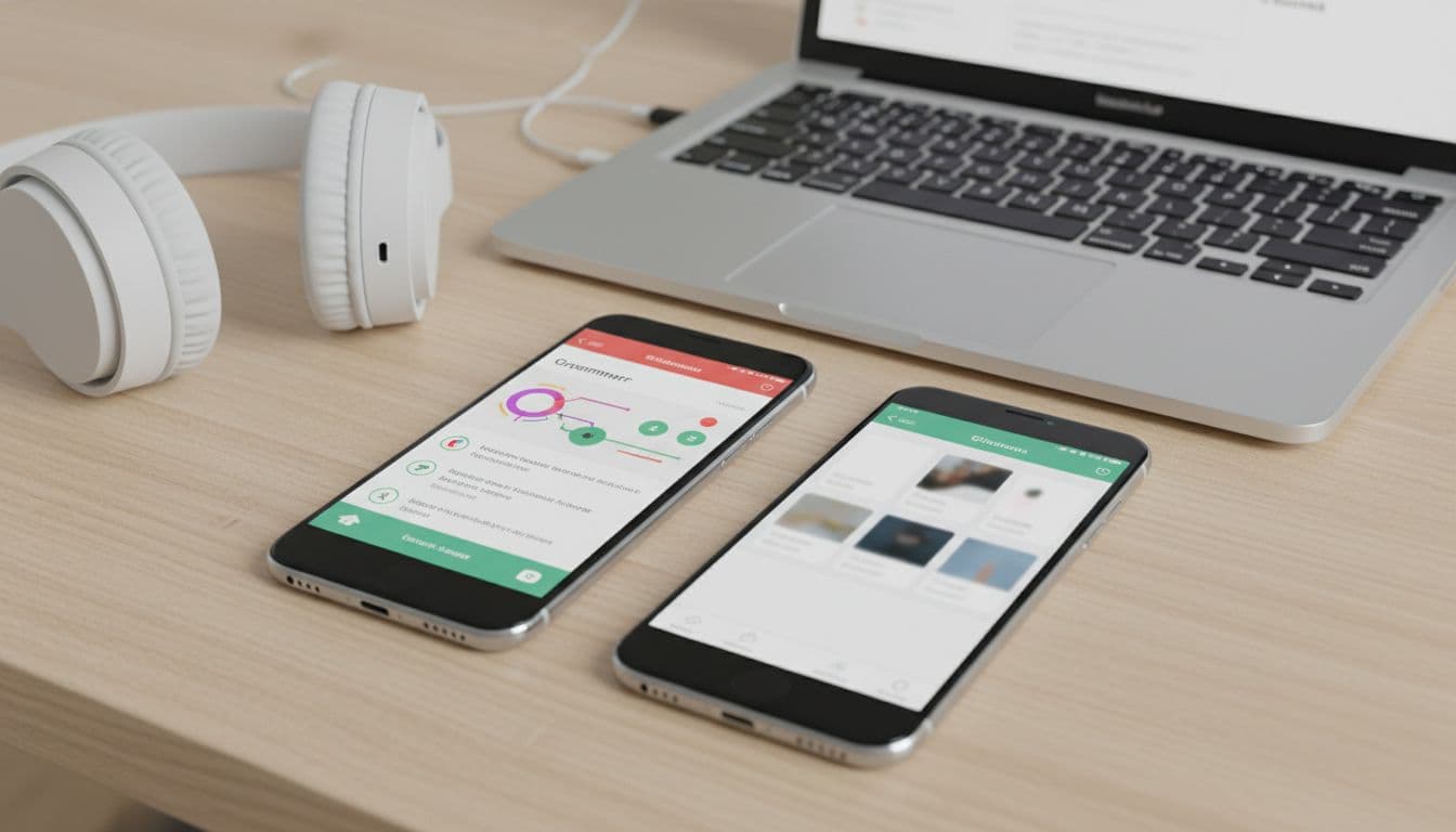 Two smartphones side-by-side on a table display German grammar and vocabulary screens at an angle, with headphones and closed laptop.