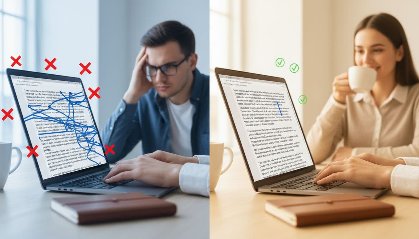 Split image contrasting cluttered, ineffective affiliate links on a laptop screen (left, with red X icons and frustrated blogger) against clean, natural inline links (right, with green check icons and relaxed blogger). Realistic photo style on wooden desk with coffee mug, natural daylight, warm tones on right and cool on left.