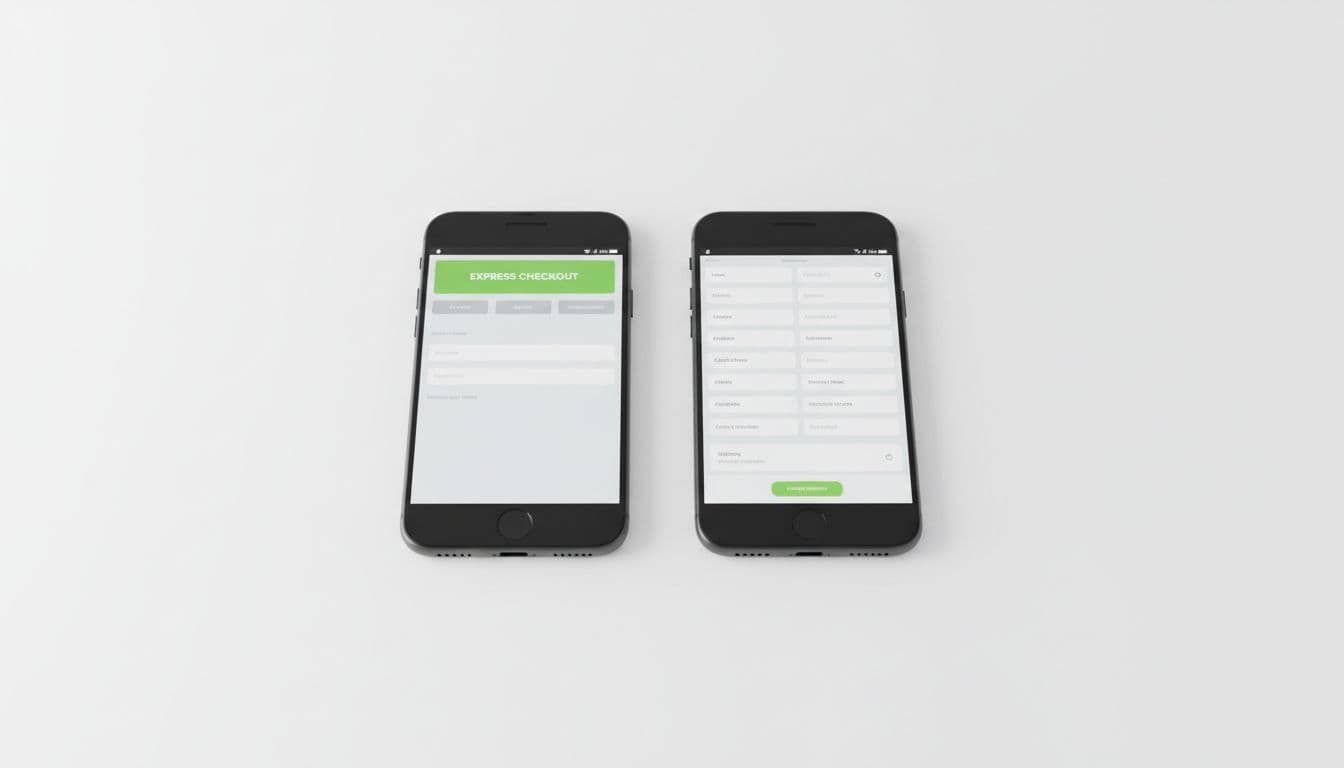 Side-by-side smartphone comparison: left shows effective large green express checkout button, right shows poor UX with small buried button; realistic devices on white background, landscape orientation.